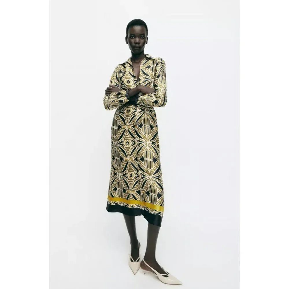 Zara Womens Belted PrintedβMidi Dress L Multicolor Geometric Satin 3897/055 NWOT
